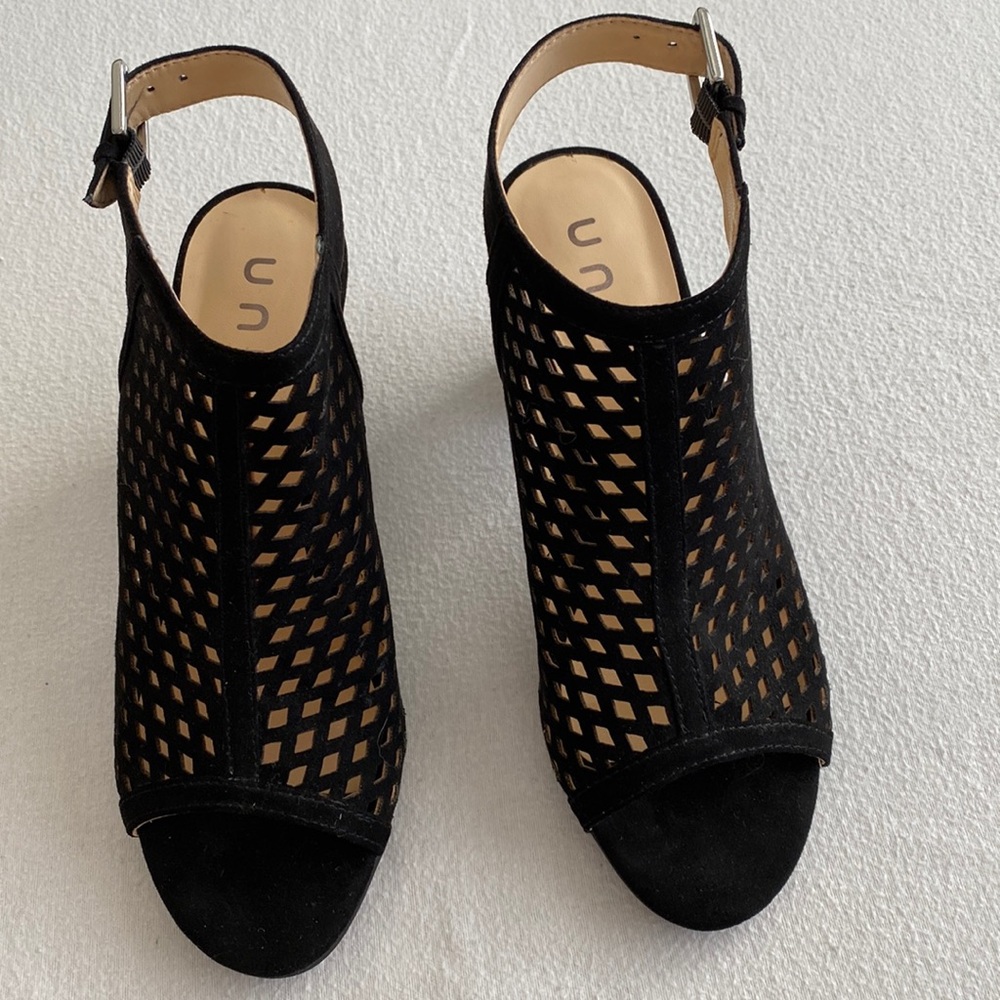 Unisa Pryce Black open toe sandal suede like material with 3 inch heel